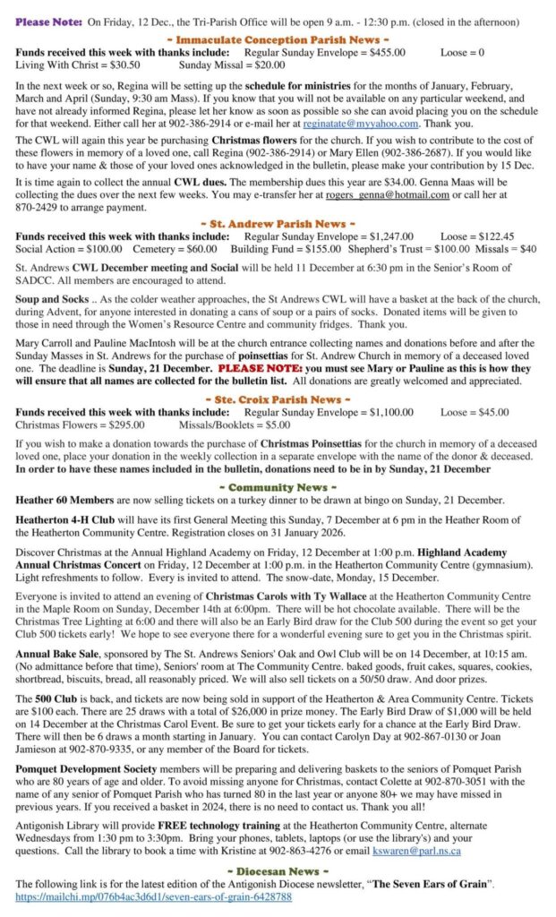 Tri Parish news for the week of December 7th, 2025